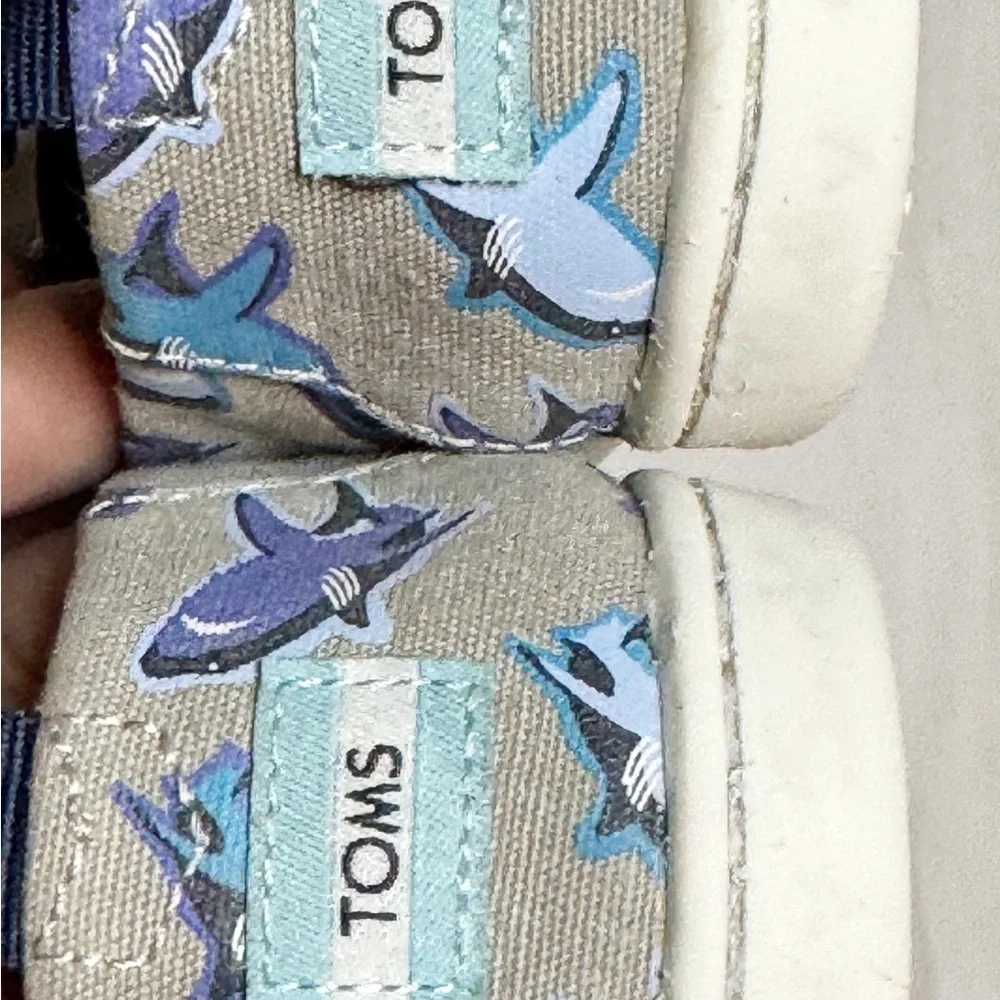 Toms Kids Shoes with Blue and Gray Shark Print. Size 10. Good Condition